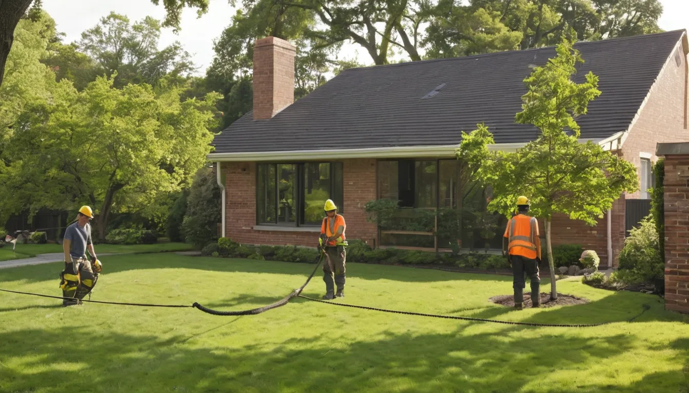 A local tree removal provider lowering a large tree limb in a St. Paul backyard beside a family home
